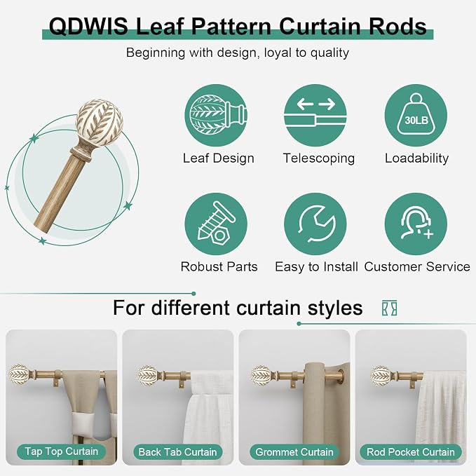 QDWIS 2 Pack Boho Wood Curtain Rods - Image 6