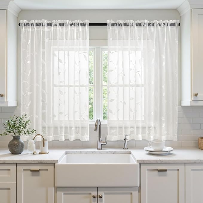 MIULEE Ivory Sheer Curtains 2 Panels Embroidered Leaf Patterned, W52 x L45 | - Image 2