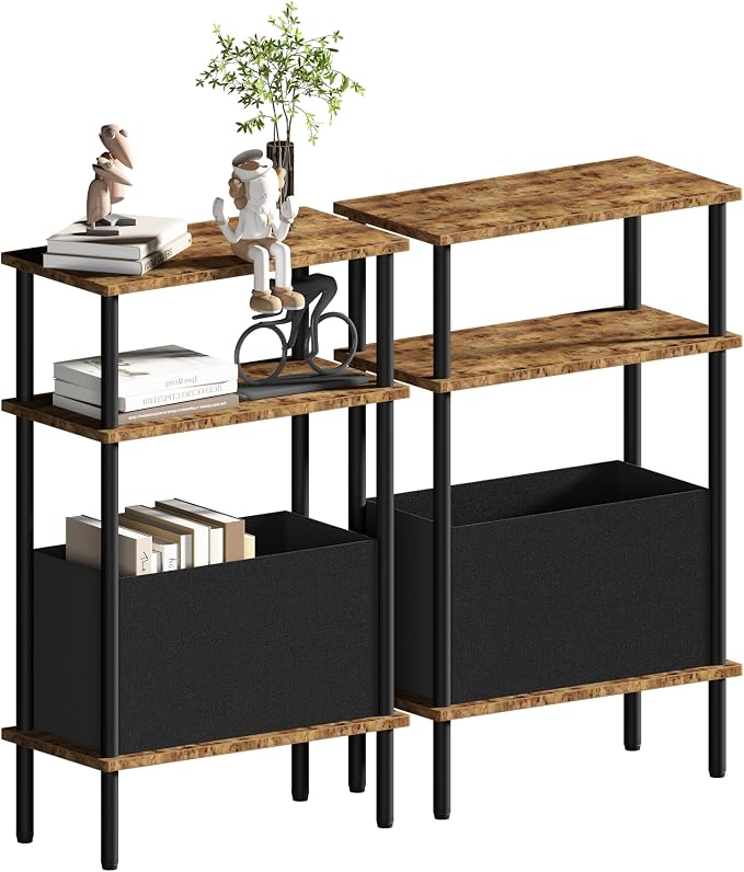 Narrow Side Table with Fabric Basket, Slim Nightstand with 3-Tier Storage Shelf by Unknown