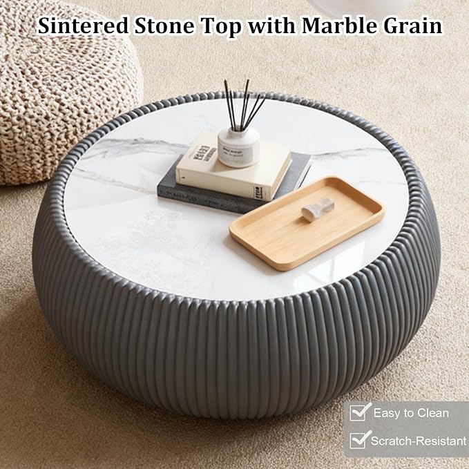 SSLine Round Drum Coffee Table Modern Sintered Stone Top Coffee Table in Grey - Image 5