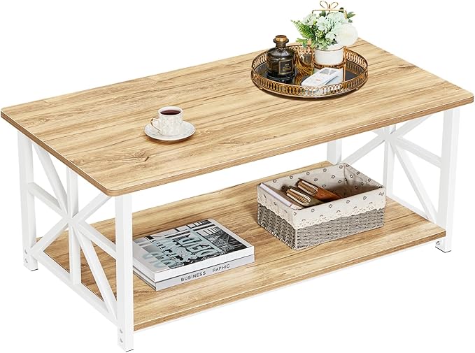 GreenForest Coffee Table with Round Corner, Farmhouse Center Table with 2-Tier by GreenForest