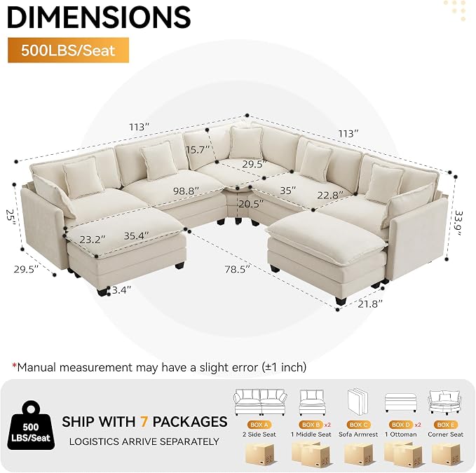 113'' V Shaped Cloud Sectional Sofa, Oversized Deep Seat Couches - Image 2
