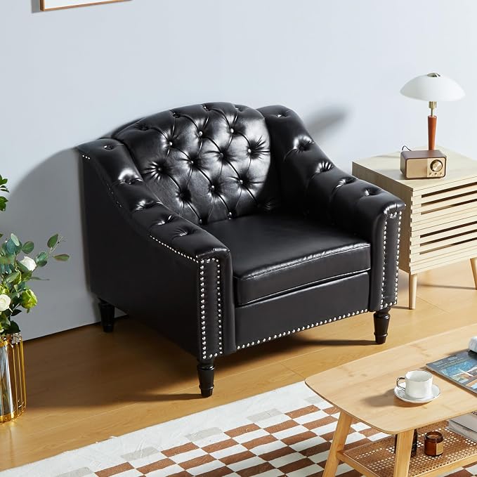 LEVNARY Chesterfield Chair Leather, Upholstered Sofa Chair - Image 3