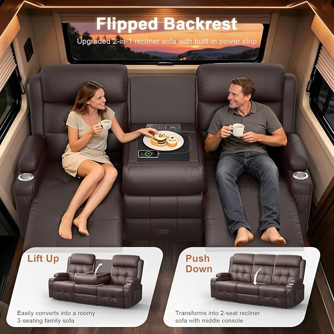RV Loveseat Recliner Sofa, Built-in Power Strip, Massage Wall Hugger 3-Seater - Image 4