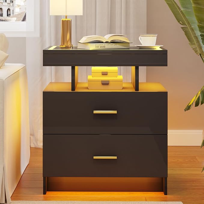 LED Nightstand Set 2 with Wireless Charging Station, Glass Top Smart Bedside - Image 7