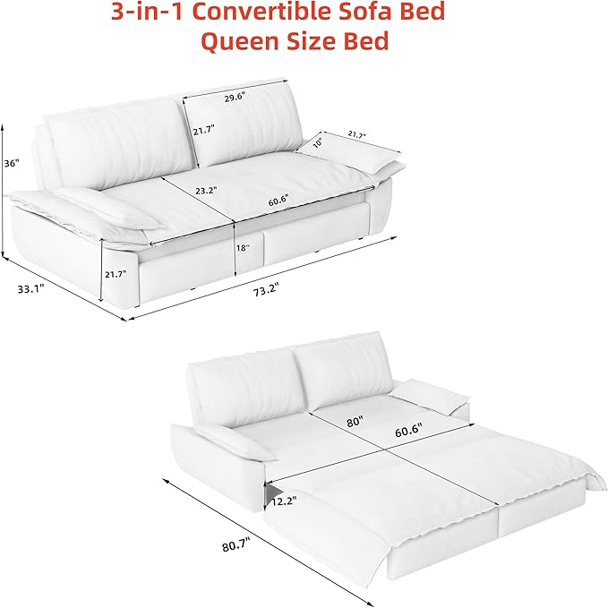 KEIKI 73.2" Pull Out Sofa Bed Queen, 3-in-1 Convertible Sleeper Couch - Image 2