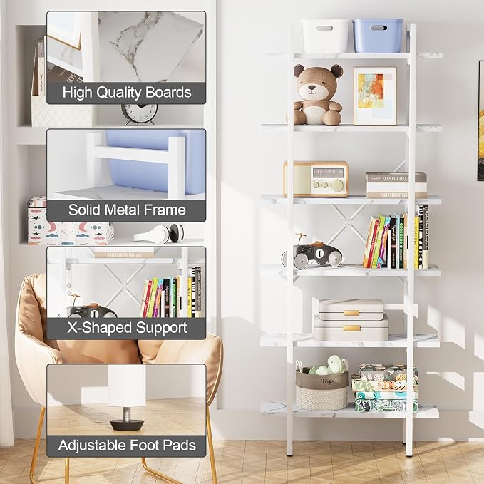 Bookshelf 6 Tiers White Wooden Storage Shelf, Modern Open Display Storage - Image 5