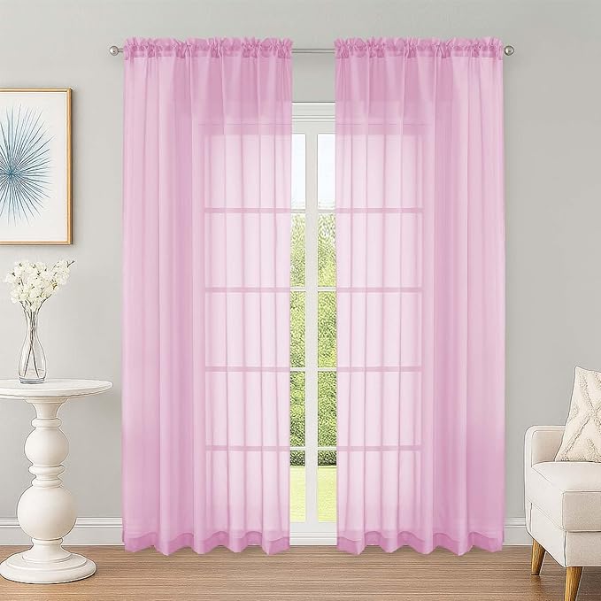 Sheer Curtains 84 Inches Long 2 Panels Set, Sheer Pink Curtains by OWENIE