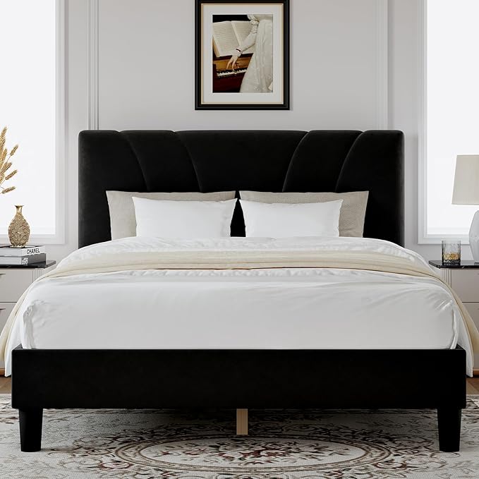 Novilla King Bed Frame and Headboard, King Bed Frame, Velvet Upholstered Bed by Novilla