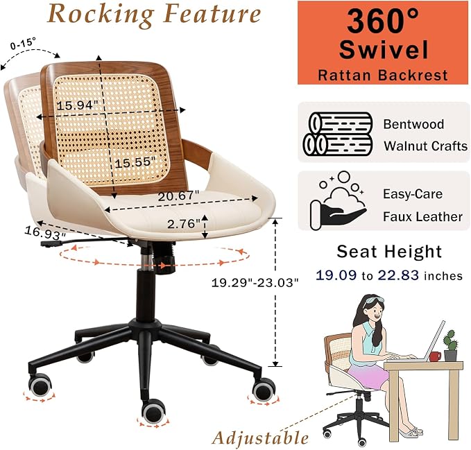 Home Office Desk Chair with Ergonomic Rattan Backrest, Walnut Crafts, Curved - Image 2