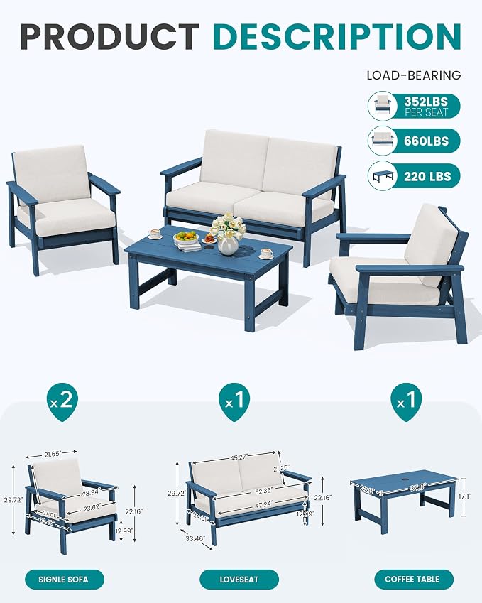 SERWALL 4 Piece HDPE Outdoor Furniture Set, All Weather Wood-Like Outdoor Sofa - Image 2