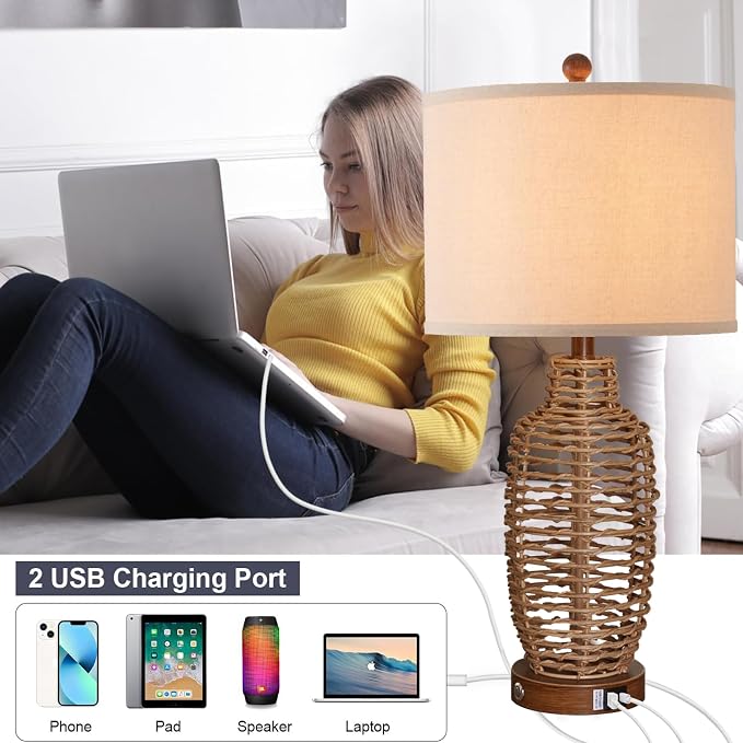 Rattan Table Lamps Set of 2 Wicker Lamps 3 Way Dimmable Touch Control Farmhouse - Image 5
