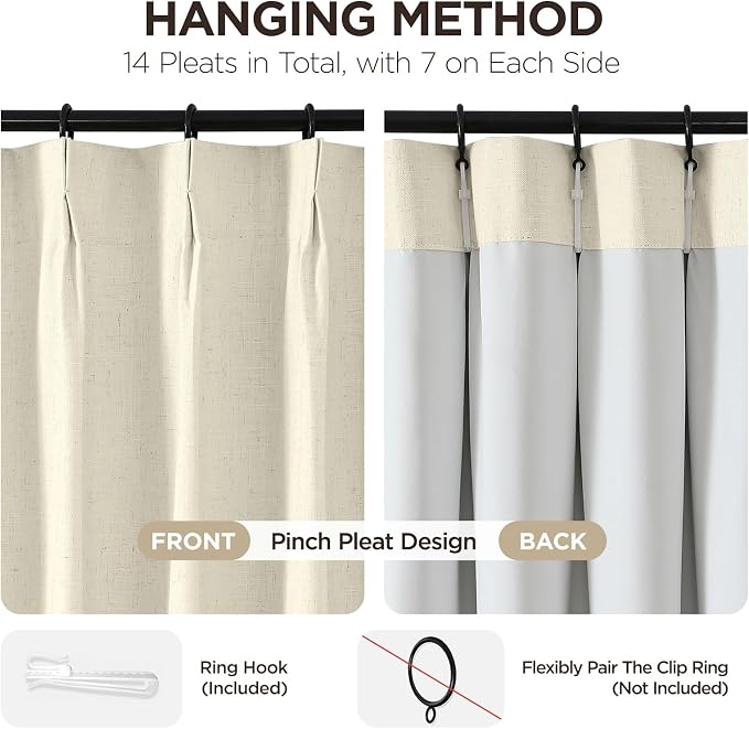 Joydeco 100% Blackout Pleated Curtains, Linen Window Curtains 2 Panel Sets 108 - Image 3