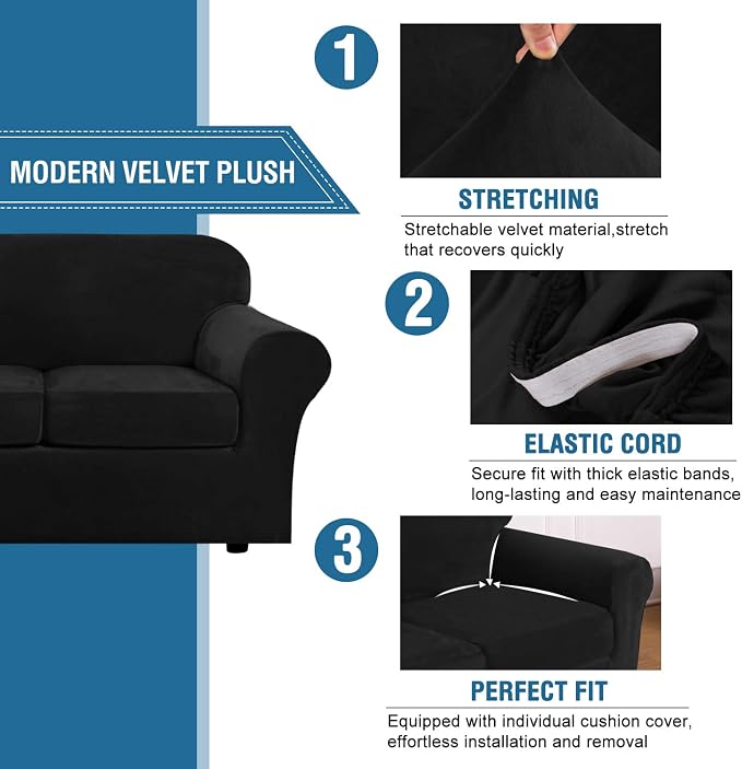 H.VERSAILTEX Modern Velvet Plush 4 Piece High Stretch Sofa Slipcover Sofa Cover - Image 3