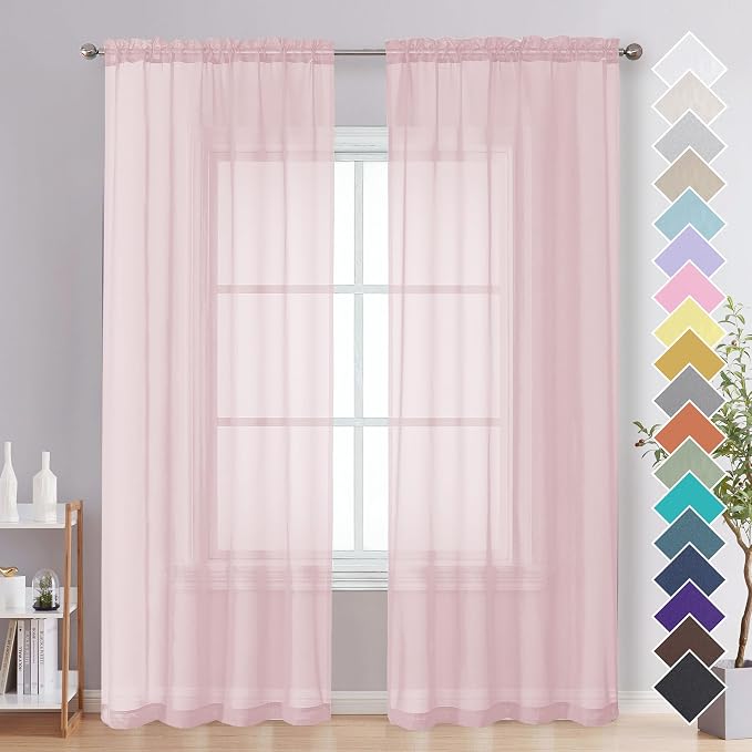 Blush Pink Sheer Curtains 84 Inches Long 2 Panels by OVZME
