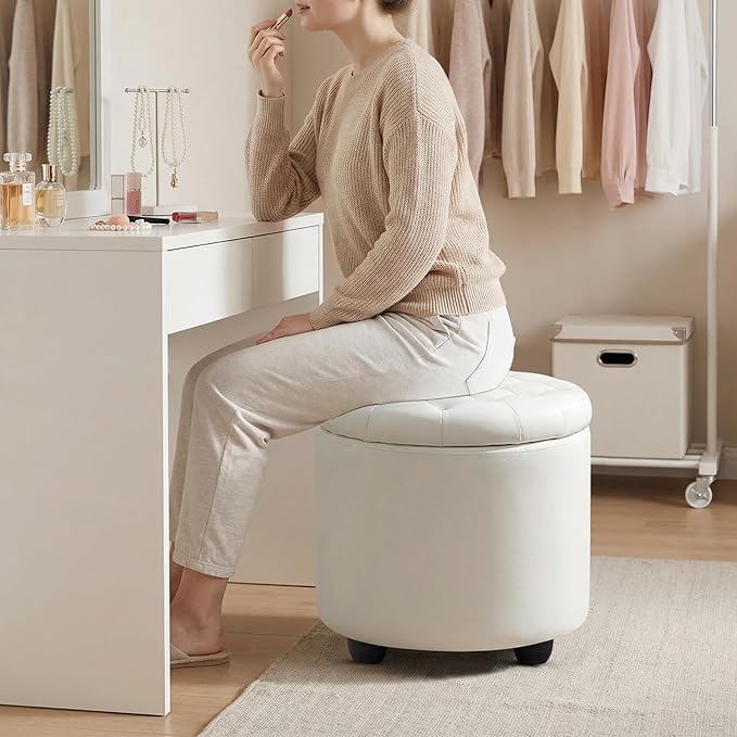 Furniliving Upholstered Button Tufted Round Ottoman, PU Storage Ottoman Round - Image 3
