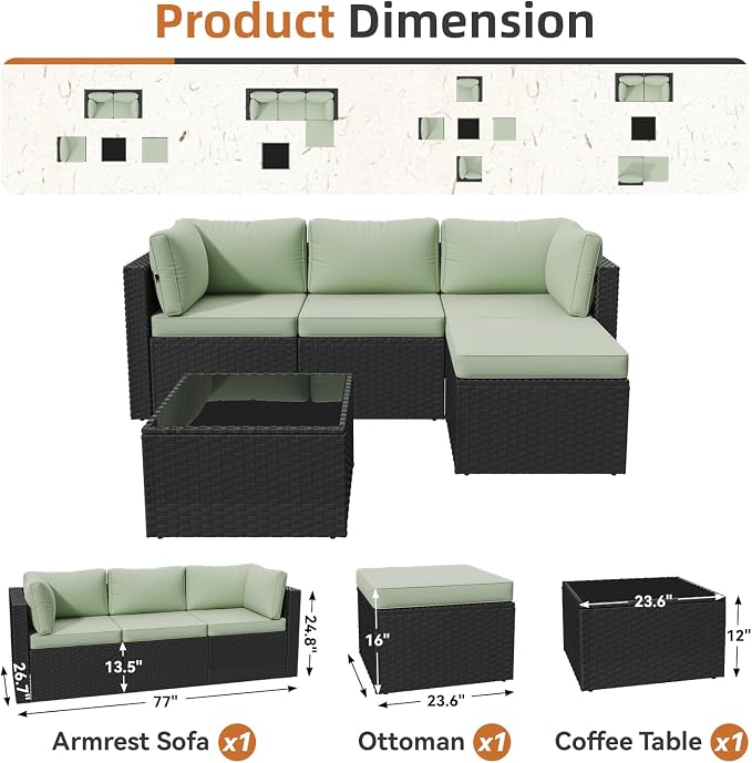 Aoxun Outdoor Patio Furniture Set, 5-Pieces All-Weather Rattan Sectional Sofa - Image 2