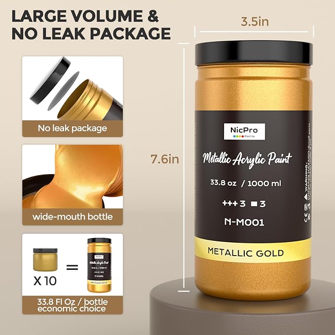 Nicpro Acrylic Paint Metallic Gold, 33.8oz/1000ml Large Gold Leaf Paint - Image 7