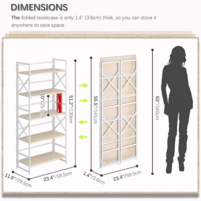 4NM 5 Tiers No Assembly Book Shelves, 51.2" H Folding Bookshelf Bookcase Open - Image 2