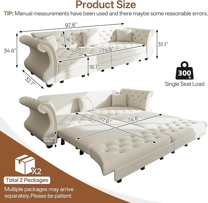 97.6" Oversized Pull Out Sofa Bed, Chesterfield Velvet Sleeper Sofa Couch - Image 2