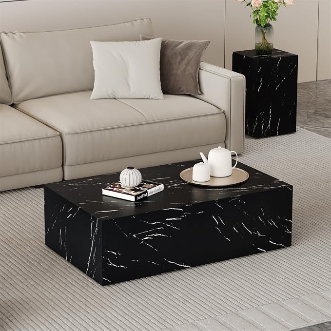 Coffee Table Living Room Table, Modern Black Faux Marble Center Couch Table - Image 3