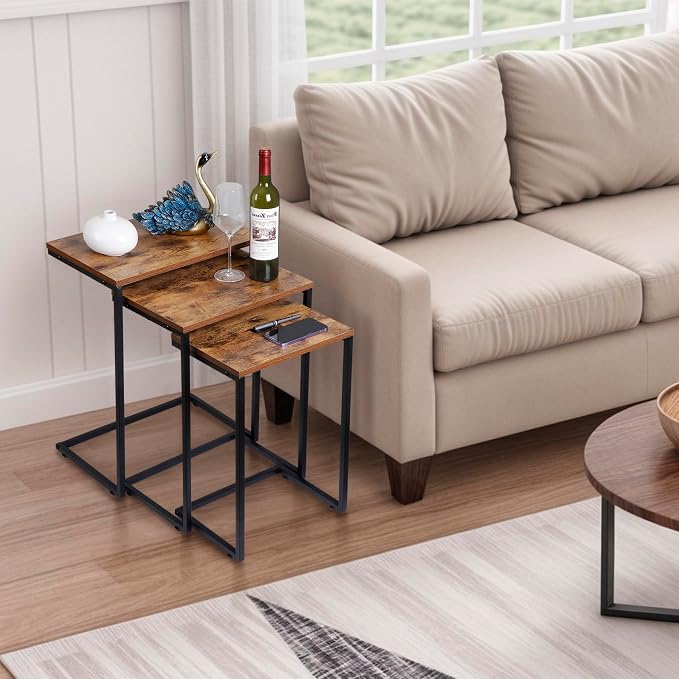 SUPER DEAL Nesting Tables Set of 3, Industrial C Shaped End Table Stackable - Image 2