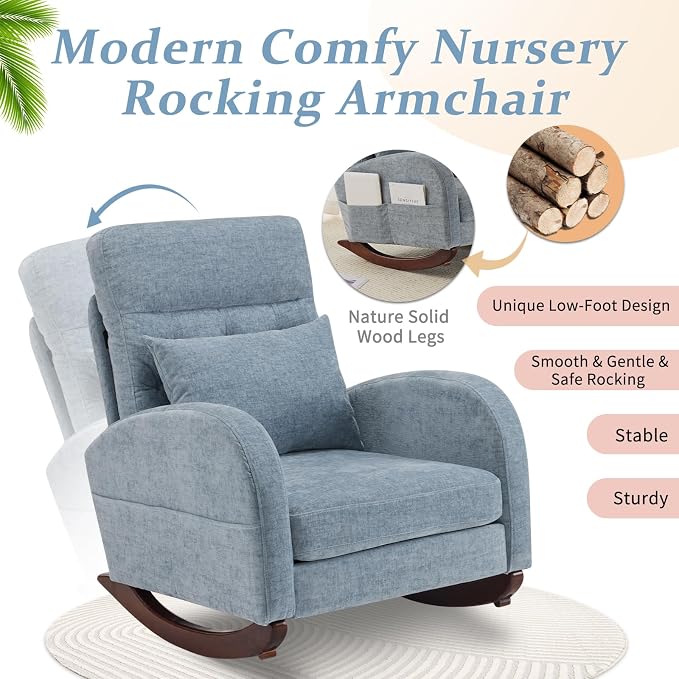 VINGLI Chenille Low Seat Nursery Rocking Chair, Upholstered Comfy Rocker Glider - Image 4
