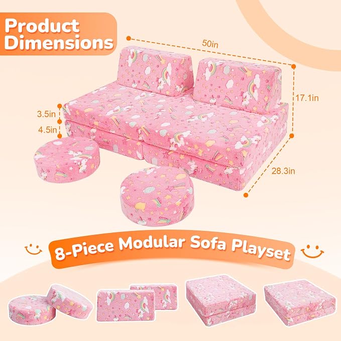 MeMoreCool Kids Sofa, 8-Piece Modular Play Couch - Image 2