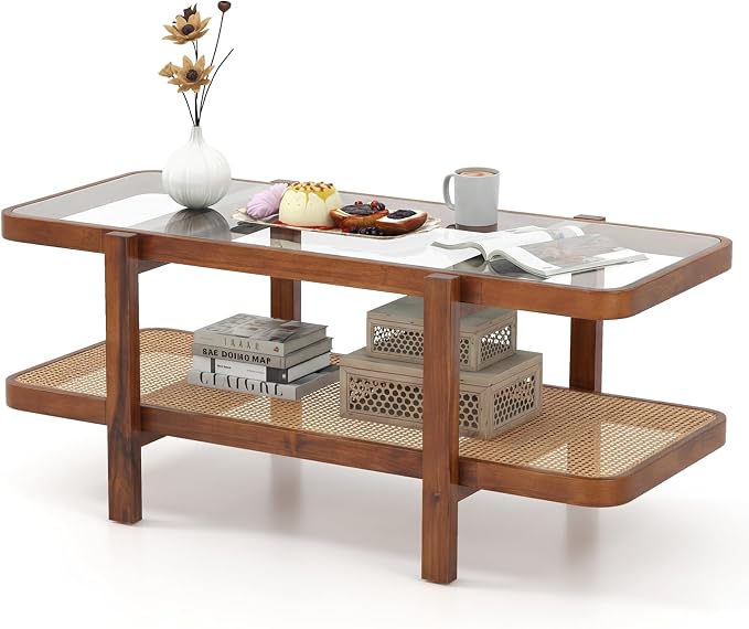 Giantex Rattan Coffee Table, 47.5" Rectangle Solid Wood Tea Table w/Tempered - Image 9