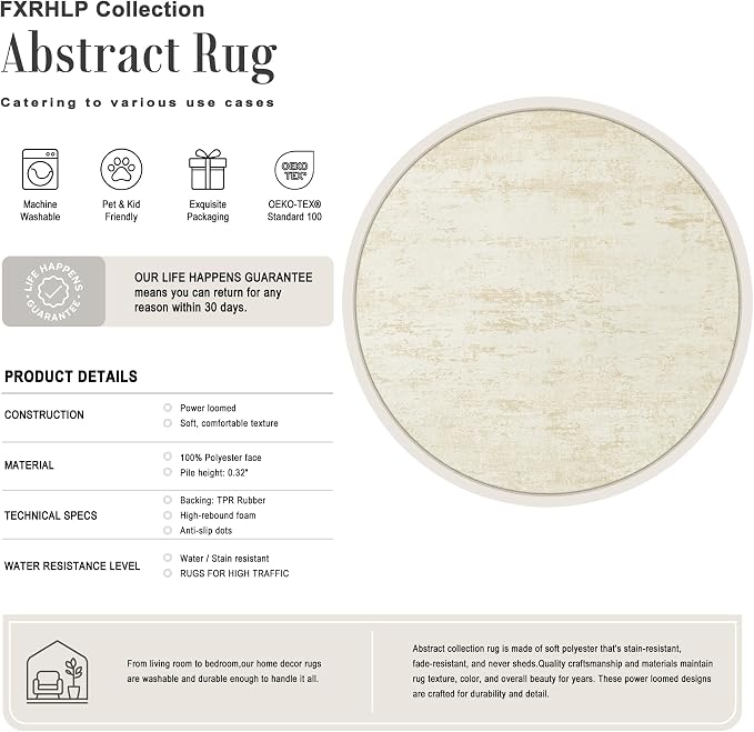 Round Area Rug Living Room: 8 ft Modern Washable Carpet Taupe | - Image 2