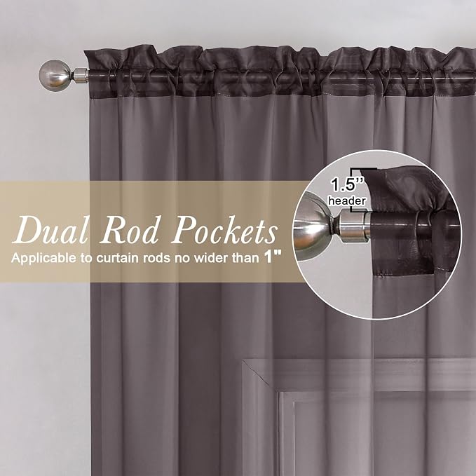 Chocolate Sheer Curtains 84 Inches Long 2 Panels Set, Rod Pocket Transparent - Image 2