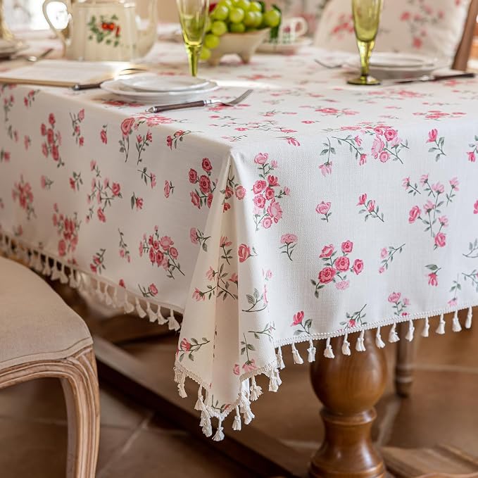 VClife White and Pink Print Table Cloth, Linen Texture Tablecloth - Image 7
