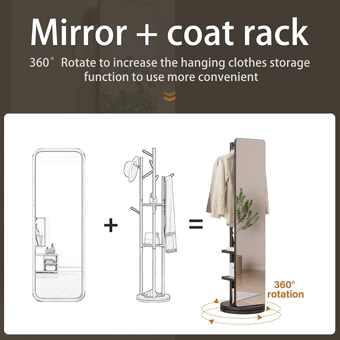 WoodsWhisper Full Length Mirror Coat Rack Solid Wood Floor Mirror 66"x12" Full - Image 3