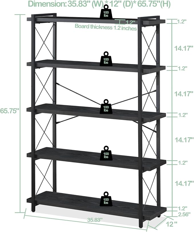 HCHQHS Bookshelf, 5-Tier Industrial Bookcase, Freestanding Tall Bookshelves - Image 3