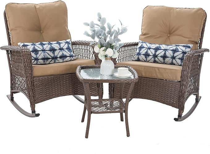 Patio Furniture Set 3 Pieces, Wicker Rocking Bistro Set by VonzoyHome