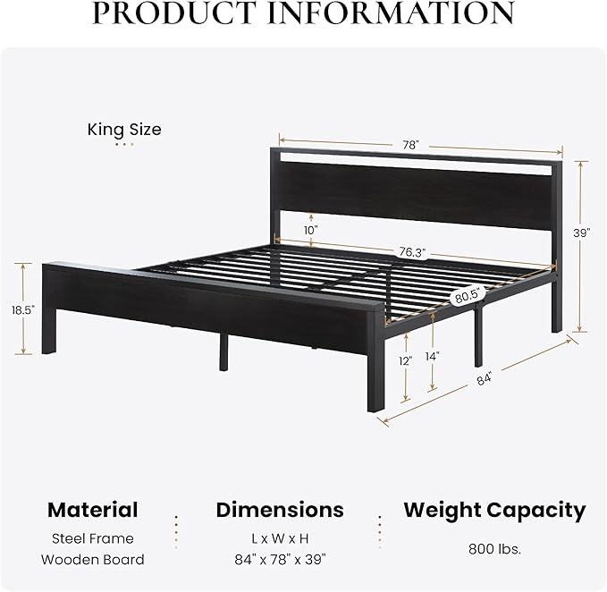 SHA CERLIN 14 Inch King Size Metal Platform Bed Frame - Image 2