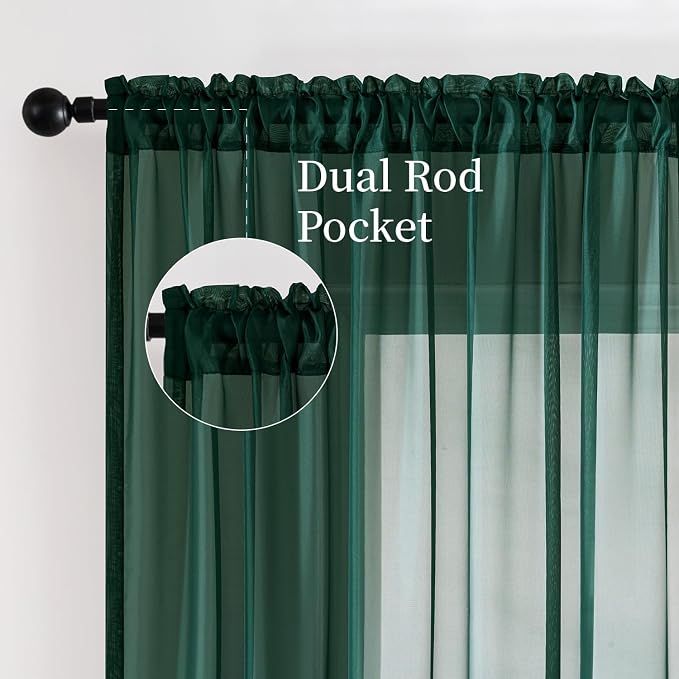 MIULEE Hunter Green Sheer Curtains 54 X 108 Inches, 2 Panels | Solid Color - Image 3