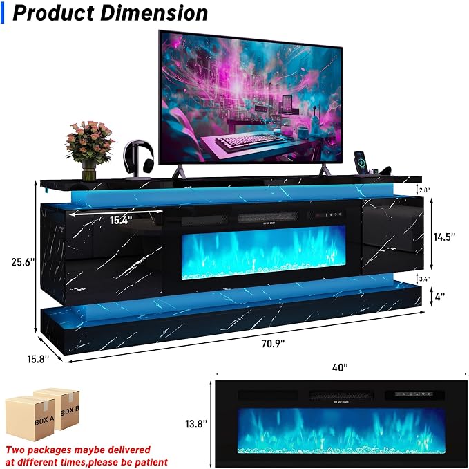 chartustriable 71IN LED TV Stands w/40 inch Fireplace Power Outlet - Image 2