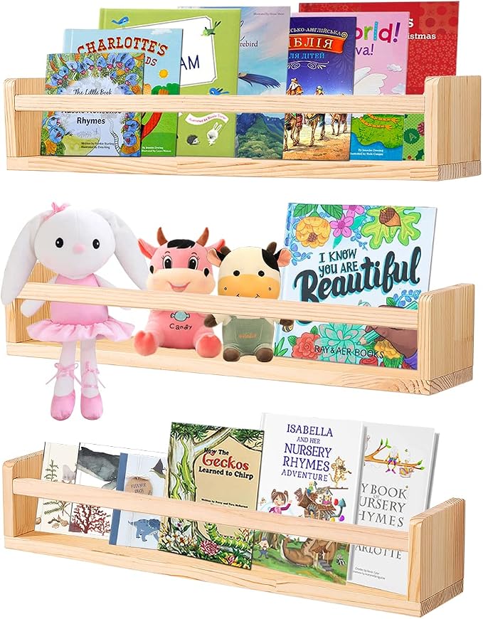 AZSKY Nursery Book Shelves 24 Inch Rustic Natural Wood Floating Shelves by AZSKYMakeyourlifebetter
