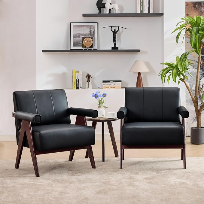 STHOUYN Black Leather Accent Chairs Set of 2, Mid Century Modern Accent Chair by STHOUYN