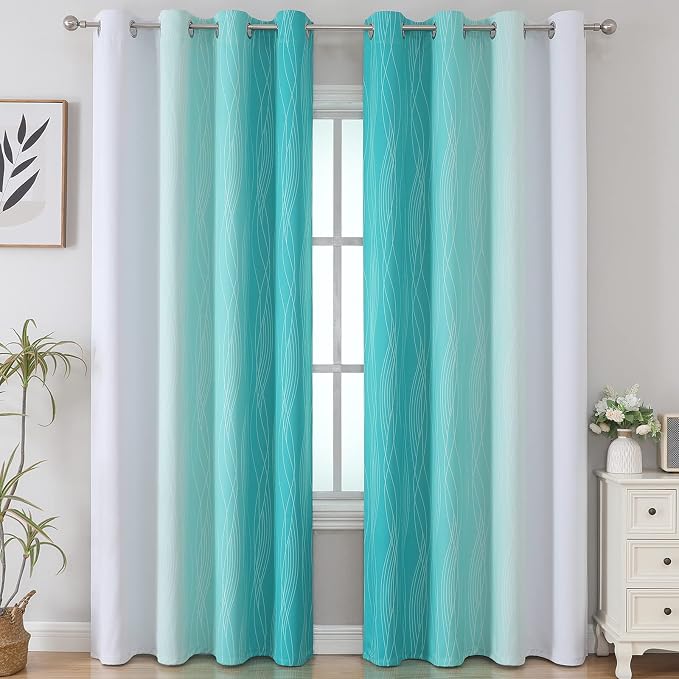 Teal and Grayish White Ombre Blackout Curtains Living Room 102 Inches Long | - Image 2