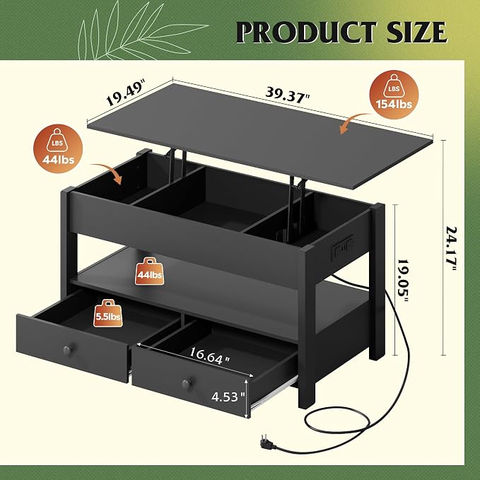 WLIVE Coffee Table, Lift Top Coffee Table - Image 3