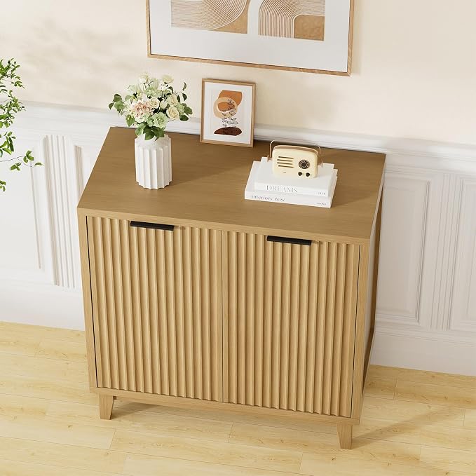 Fluted Cabinet with Storage, 2 Doors Sideboard Buffet, Mid Century Modern - Image 9