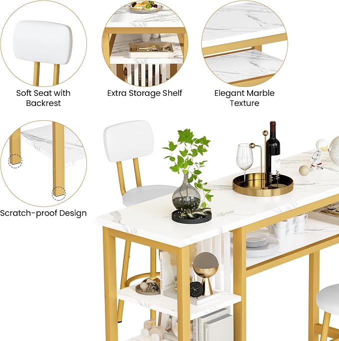 AWQM 3-Piece Bar Table and Chairs Set, Modern White Faux Marble Table - Image 7
