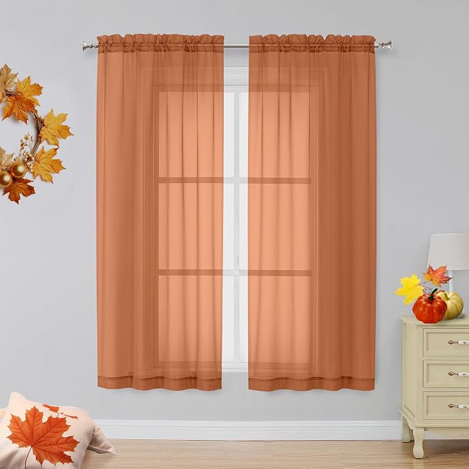 Orange Sheer Curtains 63 inch Length 2 Panels by OVZME