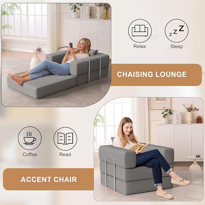 BSHOMGI 2-in-1 Floor Foldable Sofa Couch Convertible Sleeper Chaise Lounge - Image 7