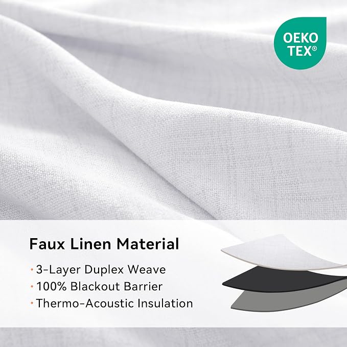 100% Blackout Linen Textured Curtains 63 Inch Long, Bright White | 100% - Image 4