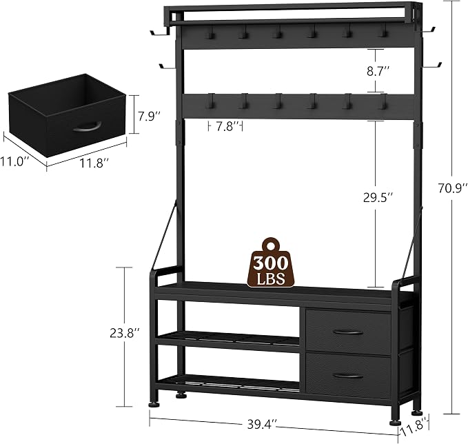 Lulive Hall Tree with Bench and Shoe Storage, 39.4” Entryway Bench with Coat - Image 5