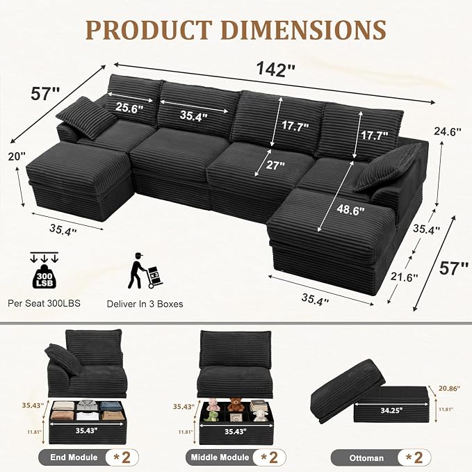 Upgrade Boneless Couch with Storage, Extra Deep&High Seat Modular Sectional - Image 3