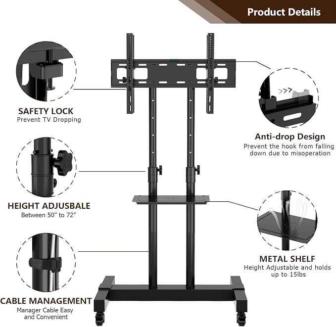 Mobile TV Stand Rolling TV Cart Floor Stand - Image 4